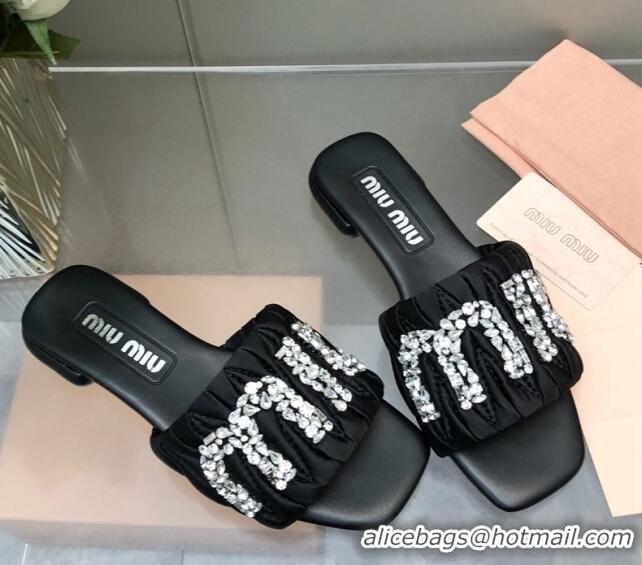 Perfect Miu Miu Matelasse Satin Flat Slide Sandals with Crystals Logo Black 327098