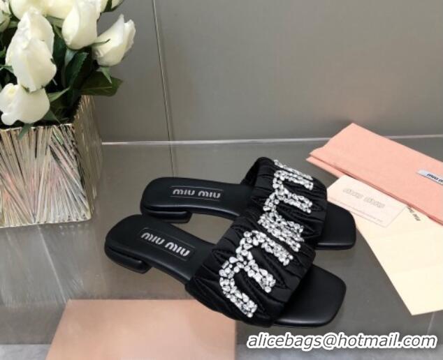 Perfect Miu Miu Matelasse Satin Flat Slide Sandals with Crystals Logo Black 327098