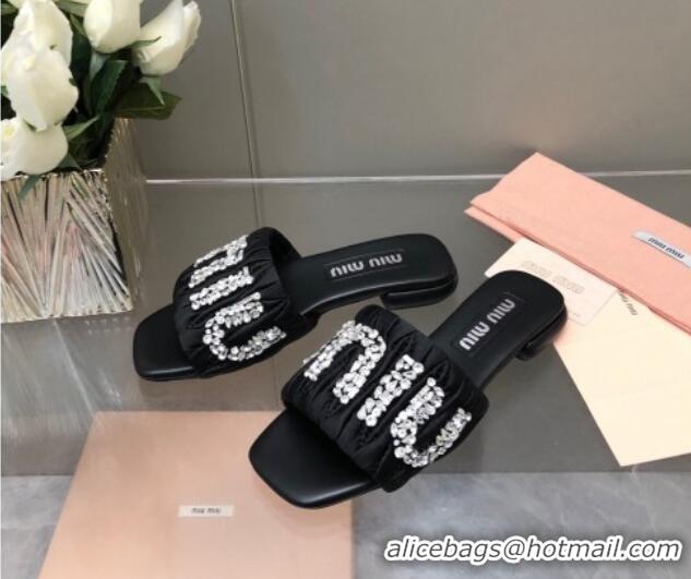 Perfect Miu Miu Matelasse Satin Flat Slide Sandals with Crystals Logo Black 327098