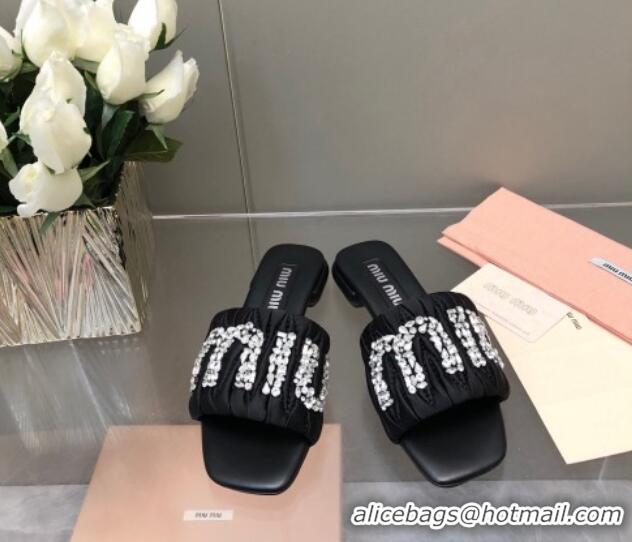 Perfect Miu Miu Matelasse Satin Flat Slide Sandals with Crystals Logo Black 327098