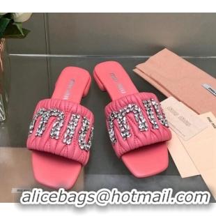 Good Product Miu Miu Matelasse Leather Flat Slide Sandals with Crystals Logo Pink 327099