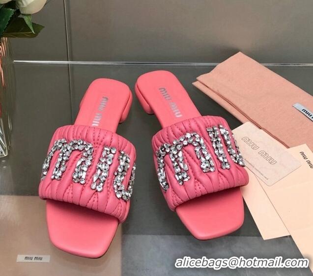 Good Product Miu Miu Matelasse Leather Flat Slide Sandals with Crystals Logo Pink 327099