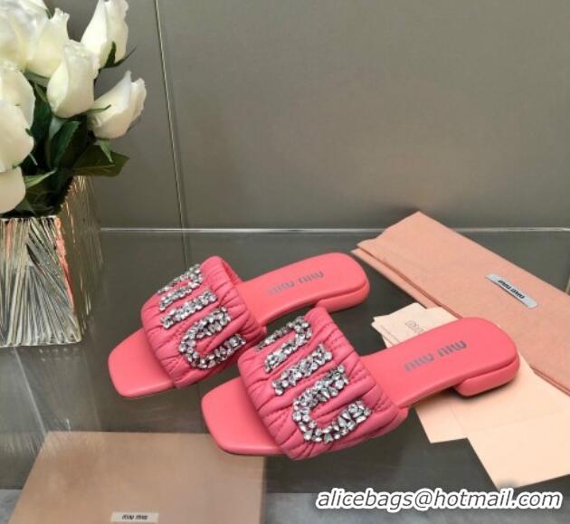 Good Product Miu Miu Matelasse Leather Flat Slide Sandals with Crystals Logo Pink 327099