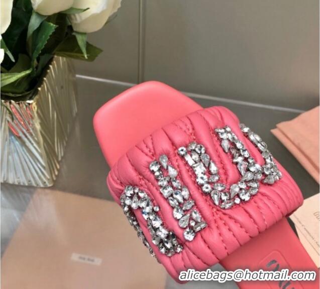 Good Product Miu Miu Matelasse Leather Flat Slide Sandals with Crystals Logo Pink 327099