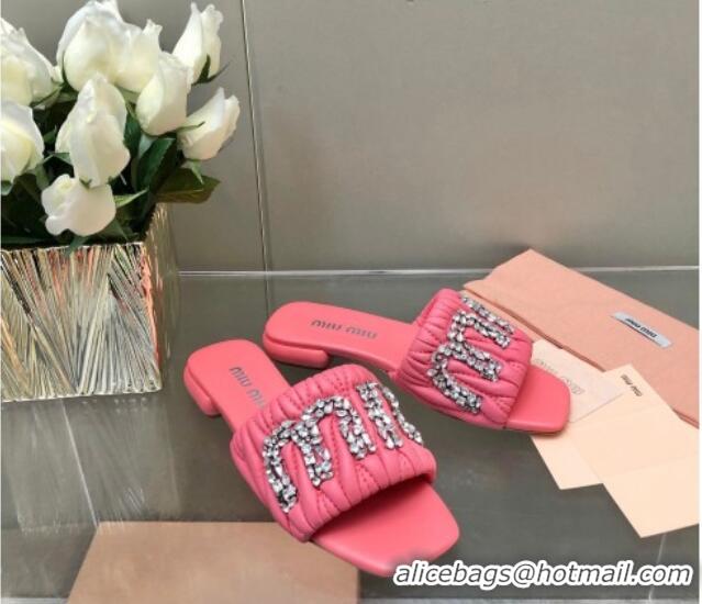 Good Product Miu Miu Matelasse Leather Flat Slide Sandals with Crystals Logo Pink 327099