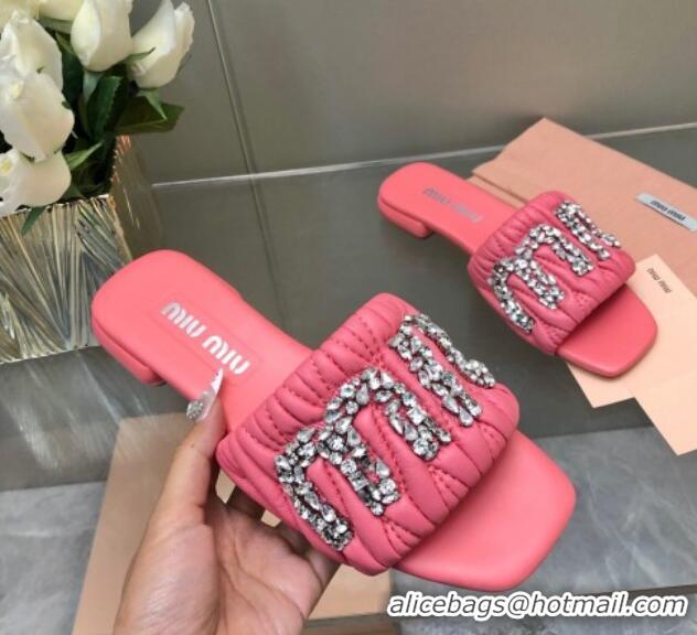 Good Product Miu Miu Matelasse Leather Flat Slide Sandals with Crystals Logo Pink 327099