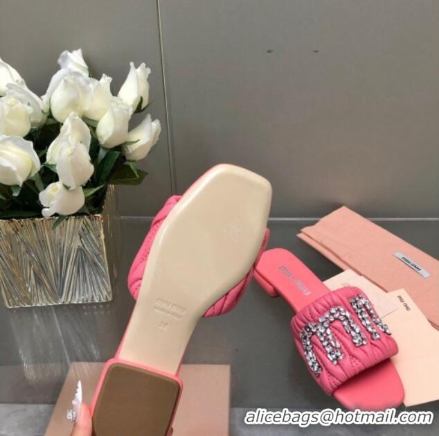 Good Product Miu Miu Matelasse Leather Flat Slide Sandals with Crystals Logo Pink 327099