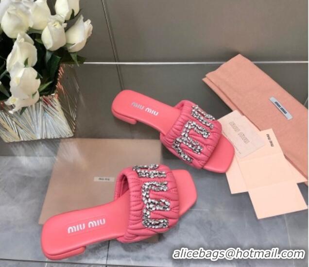 Good Product Miu Miu Matelasse Leather Flat Slide Sandals with Crystals Logo Pink 327099