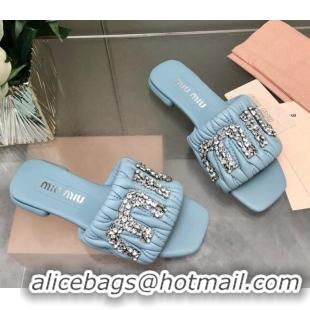 Shop Duplicate Miu Miu Matelasse Leather Flat Slide Sandals with Crystals Logo Blue 327100