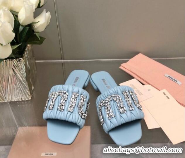 Shop Duplicate Miu Miu Matelasse Leather Flat Slide Sandals with Crystals Logo Blue 327100