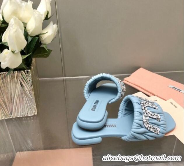 Shop Duplicate Miu Miu Matelasse Leather Flat Slide Sandals with Crystals Logo Blue 327100