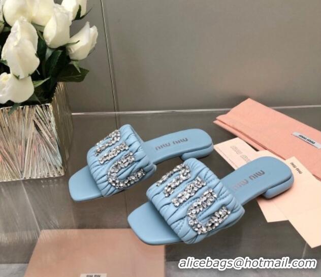 Shop Duplicate Miu Miu Matelasse Leather Flat Slide Sandals with Crystals Logo Blue 327100