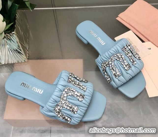 Shop Duplicate Miu Miu Matelasse Leather Flat Slide Sandals with Crystals Logo Blue 327100