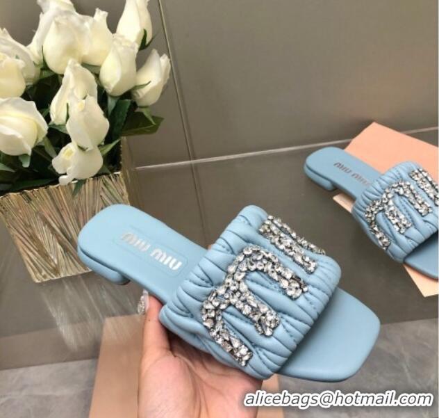 Shop Duplicate Miu Miu Matelasse Leather Flat Slide Sandals with Crystals Logo Blue 327100