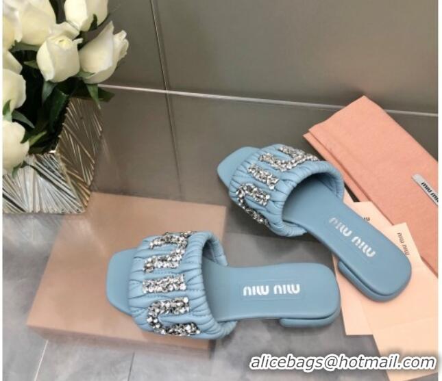 Shop Duplicate Miu Miu Matelasse Leather Flat Slide Sandals with Crystals Logo Blue 327100