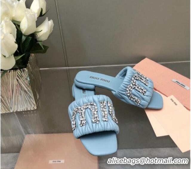 Shop Duplicate Miu Miu Matelasse Leather Flat Slide Sandals with Crystals Logo Blue 327100