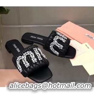 Sophisticated Miu Miu Matelasse Leather Flat Slide Sandals with Crystals Logo Black 327102