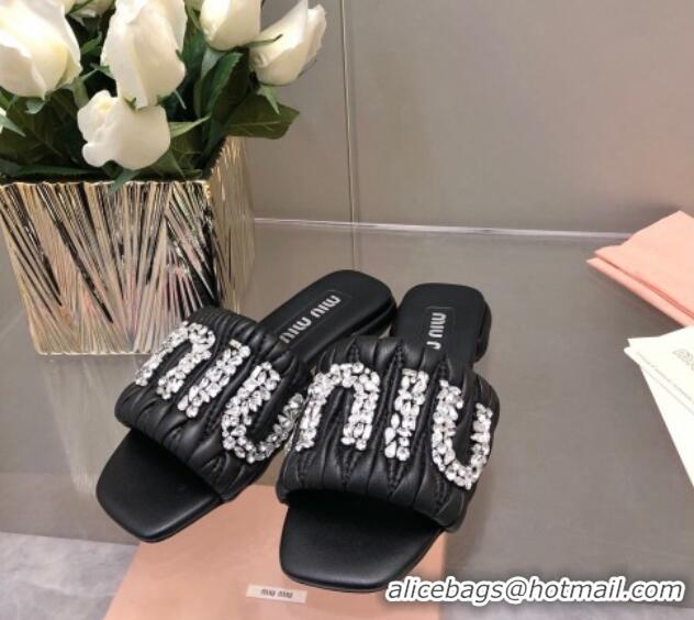 Sophisticated Miu Miu Matelasse Leather Flat Slide Sandals with Crystals Logo Black 327102