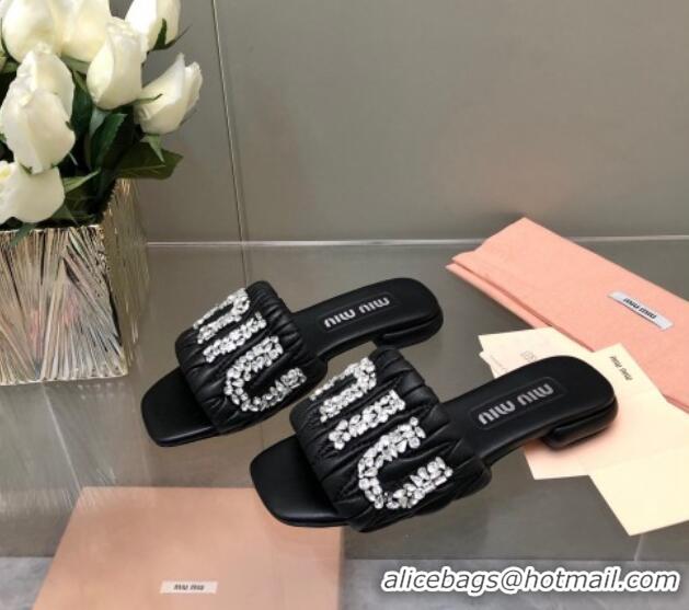 Sophisticated Miu Miu Matelasse Leather Flat Slide Sandals with Crystals Logo Black 327102