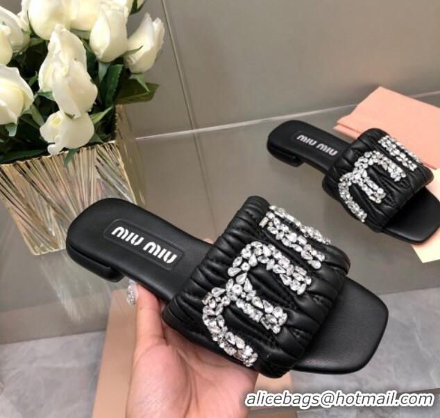 Sophisticated Miu Miu Matelasse Leather Flat Slide Sandals with Crystals Logo Black 327102