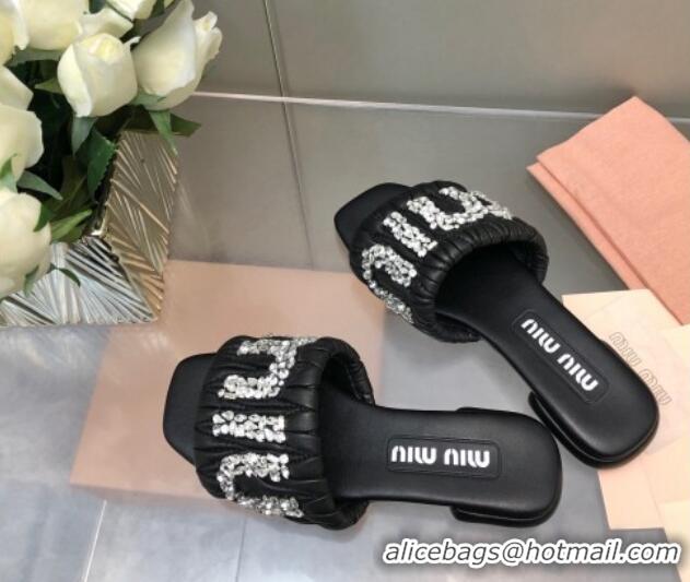 Sophisticated Miu Miu Matelasse Leather Flat Slide Sandals with Crystals Logo Black 327102