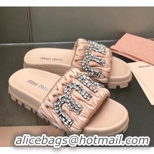 Lowest Price Miu Miu Matelasse Satin Platform Slide Sandals with Crystals Logo Nude 327103