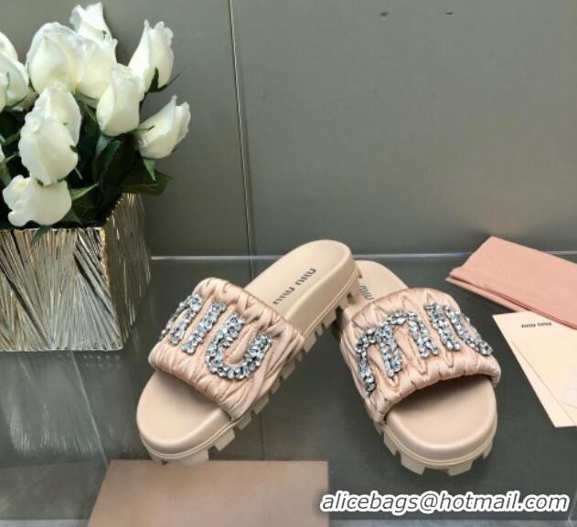 Lowest Price Miu Miu Matelasse Satin Platform Slide Sandals with Crystals Logo Nude 327103