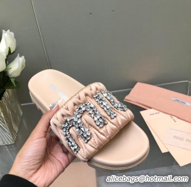 Lowest Price Miu Miu Matelasse Satin Platform Slide Sandals with Crystals Logo Nude 327103