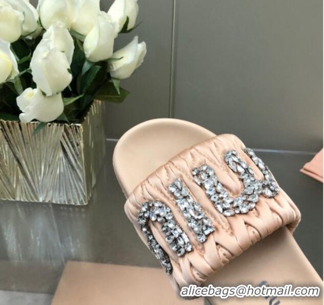 Lowest Price Miu Miu Matelasse Satin Platform Slide Sandals with Crystals Logo Nude 327103