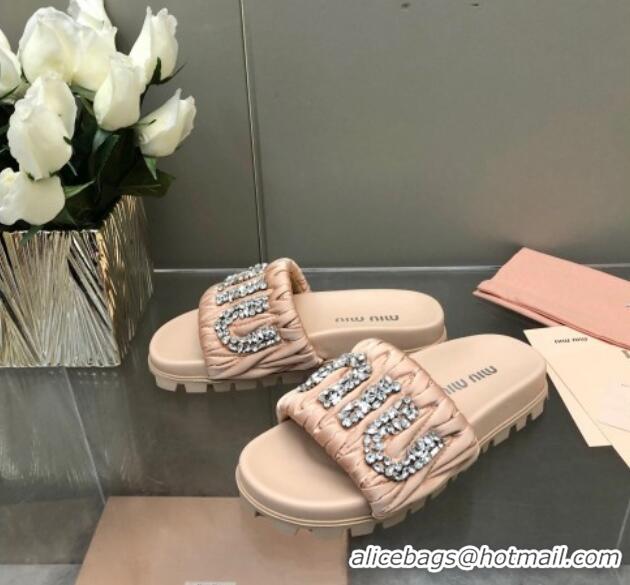 Lowest Price Miu Miu Matelasse Satin Platform Slide Sandals with Crystals Logo Nude 327103