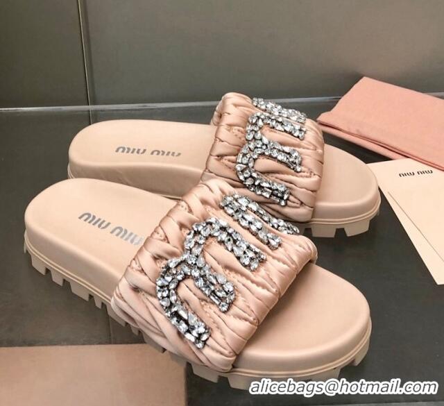 Lowest Price Miu Miu Matelasse Satin Platform Slide Sandals with Crystals Logo Nude 327103