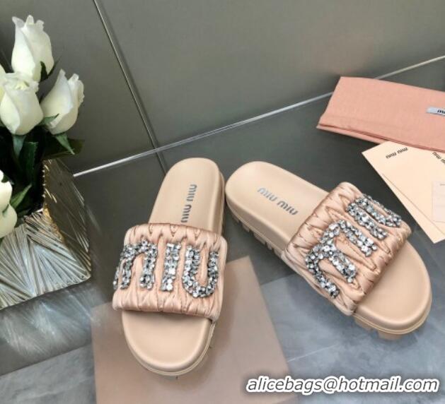 Lowest Price Miu Miu Matelasse Satin Platform Slide Sandals with Crystals Logo Nude 327103