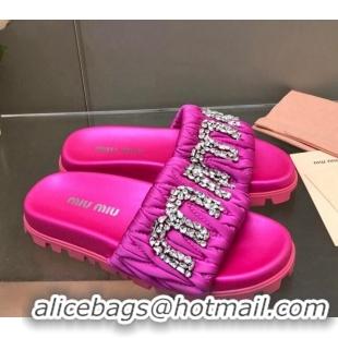 Stylish Miu Miu Matelasse Satin Platform Slide Sandals with Crystals Logo Pink 327104