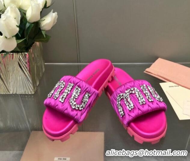 Stylish Miu Miu Matelasse Satin Platform Slide Sandals with Crystals Logo Pink 327104