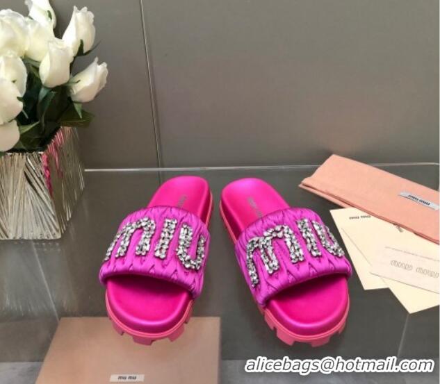 Stylish Miu Miu Matelasse Satin Platform Slide Sandals with Crystals Logo Pink 327104