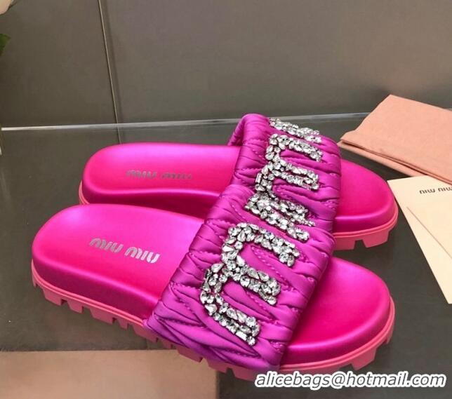 Stylish Miu Miu Matelasse Satin Platform Slide Sandals with Crystals Logo Pink 327104