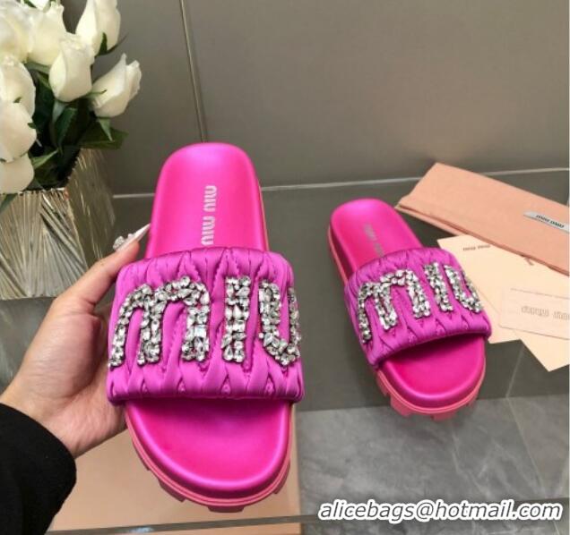 Stylish Miu Miu Matelasse Satin Platform Slide Sandals with Crystals Logo Pink 327104