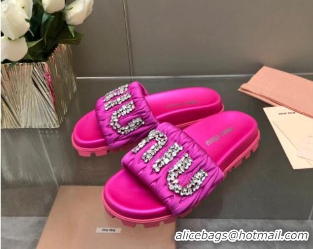 Stylish Miu Miu Matelasse Satin Platform Slide Sandals with Crystals Logo Pink 327104