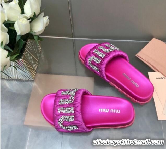 Stylish Miu Miu Matelasse Satin Platform Slide Sandals with Crystals Logo Pink 327104