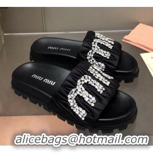 Popular Style Miu Miu Matelasse Satin Platform Slide Sandals with Crystals Logo Black 327105