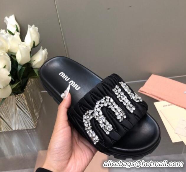 Popular Style Miu Miu Matelasse Satin Platform Slide Sandals with Crystals Logo Black 327105