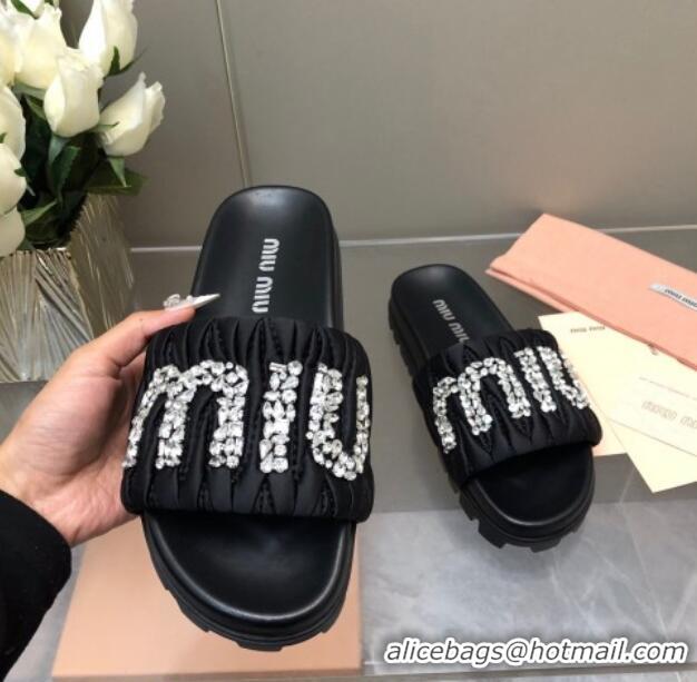 Popular Style Miu Miu Matelasse Satin Platform Slide Sandals with Crystals Logo Black 327105