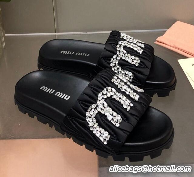 Popular Style Miu Miu Matelasse Satin Platform Slide Sandals with Crystals Logo Black 327105