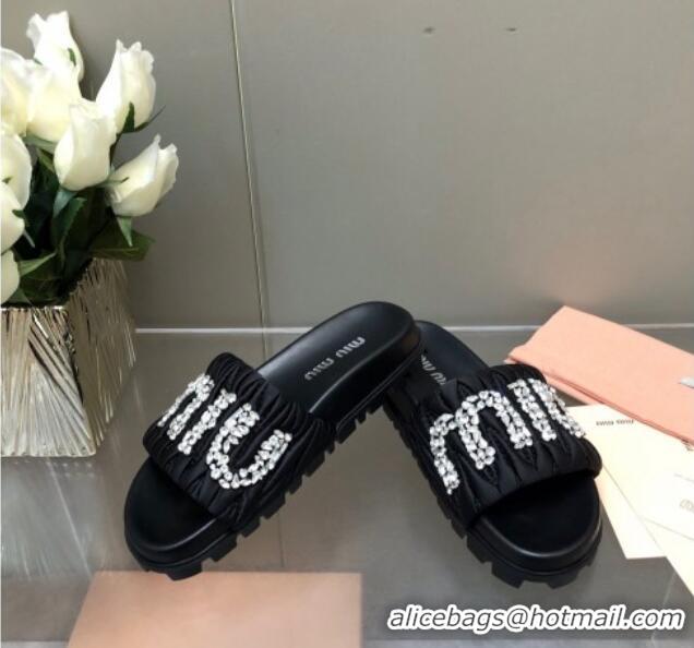 Popular Style Miu Miu Matelasse Satin Platform Slide Sandals with Crystals Logo Black 327105