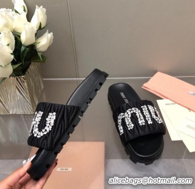 Popular Style Miu Miu Matelasse Satin Platform Slide Sandals with Crystals Logo Black 327105