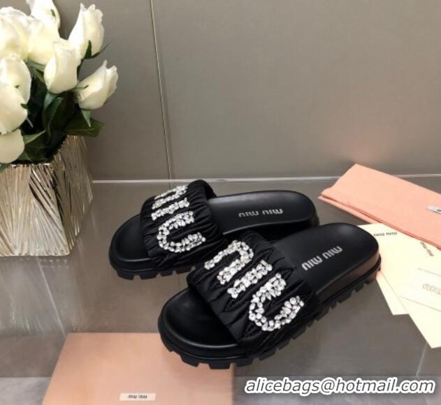 Popular Style Miu Miu Matelasse Satin Platform Slide Sandals with Crystals Logo Black 327105