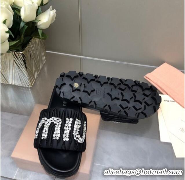 Popular Style Miu Miu Matelasse Satin Platform Slide Sandals with Crystals Logo Black 327105