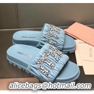 Best Price Miu Miu Matelasse Leather Platform Slide Sandals with Crystals Logo Blue 327106