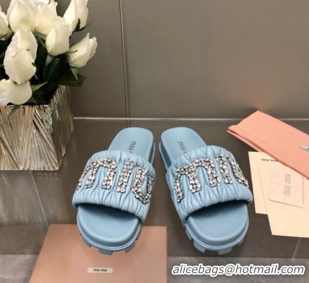 Best Price Miu Miu Matelasse Leather Platform Slide Sandals with Crystals Logo Blue 327106