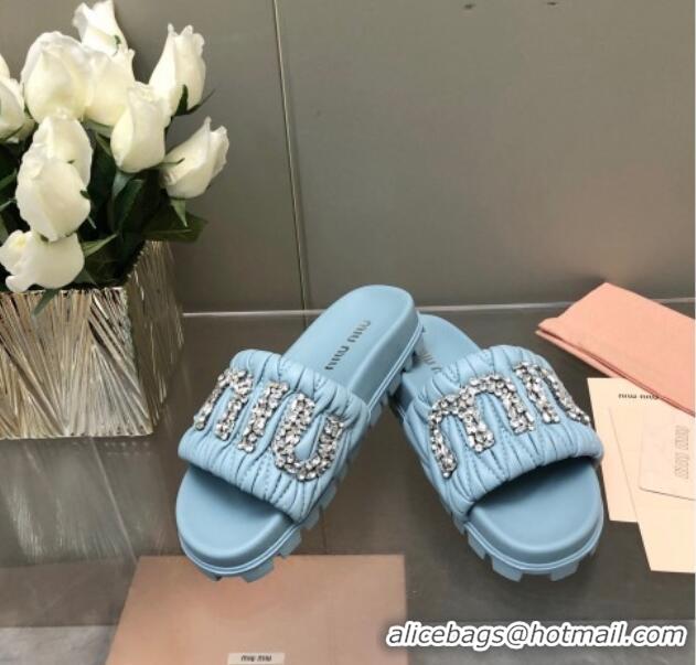 Best Price Miu Miu Matelasse Leather Platform Slide Sandals with Crystals Logo Blue 327106